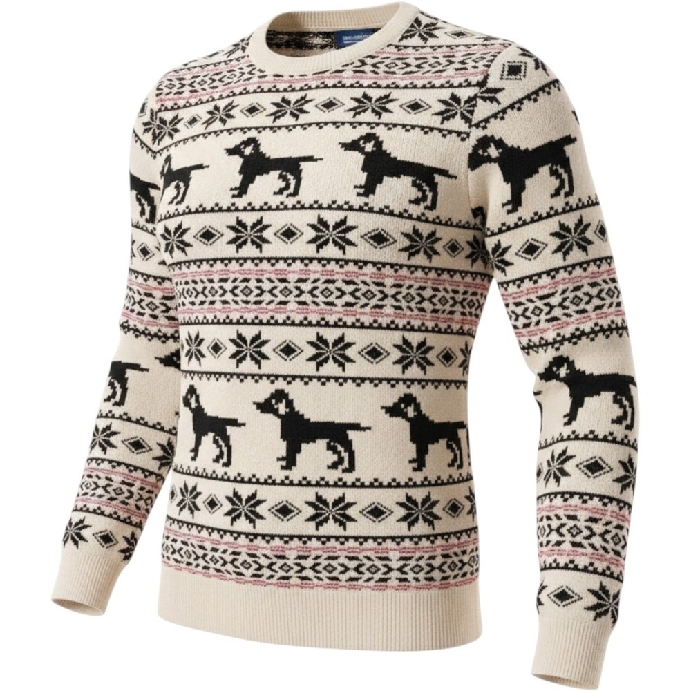 Lands End Womens Large Fair Isle‎ Dog Sweater Cream Black Snowflake Holiday NWT